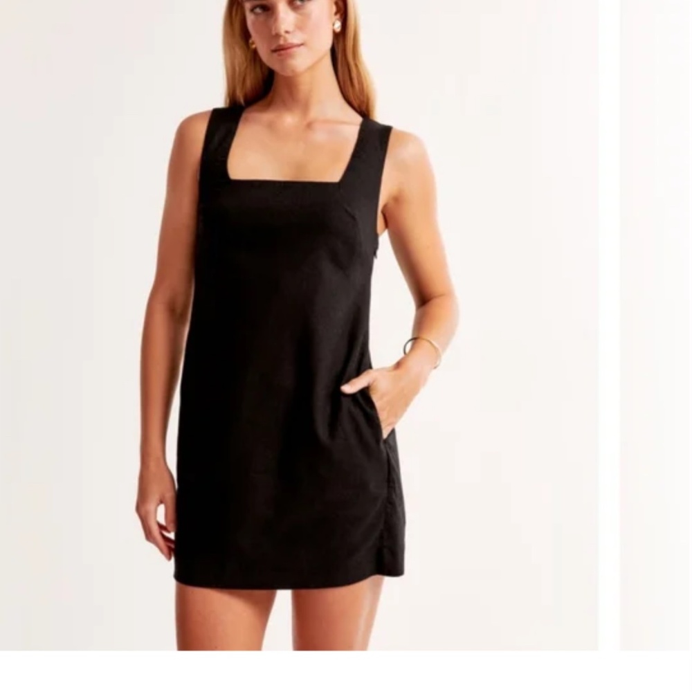 Abercrombie & Fitch Black Square-Neck Linen Mini Dress